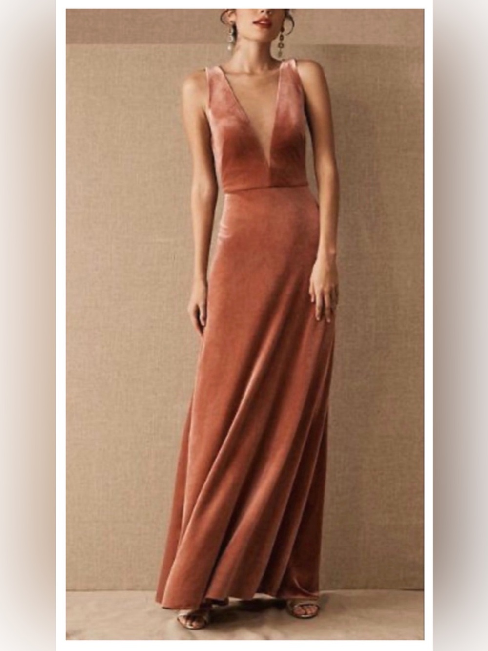 Jenny Yoo Collection Logan Rust Velvet Deep V-Neck Column Gown Size 2